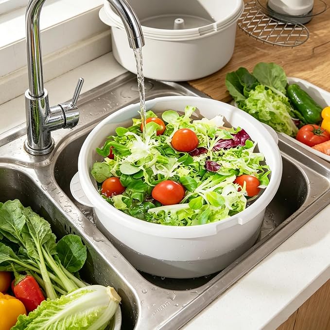 Fruit Vegetable Cleaner Spinner Collapsible Double Layer Washing Bowl | Manual washer with built-in scrubber to clear surface residues, great for berries and various produce cleaning