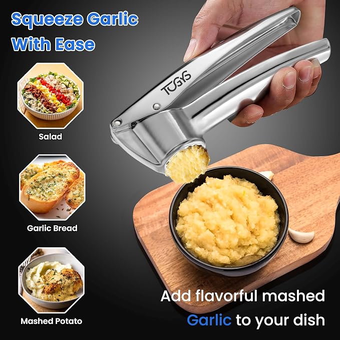 Heavy Duty Stainless Steel Garlic Press - Professional Grade Garlic Mincer & Crusher with Ergonomic Soft Grip Handle, Dishwasher Safe, Rust-Proof - Easy to Clean Kitchen Gadget for Cooking