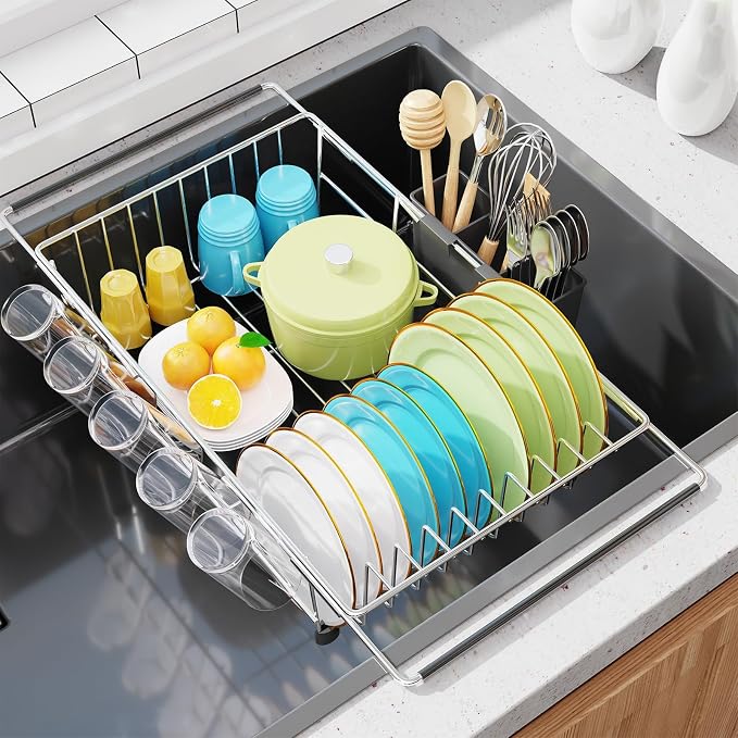 Simple Trending Dish Drying Rack in Sink with Utensil & Cup Holder | Expandable Dish Rack Over The Sink, Stainless Steel Dish Drainer for Small Kitchen, Space Saving, Non-Slip Feet, Fast Drain