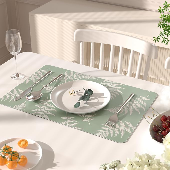 QIYI PU Leather Placemats Set of 4, 12"x18" Waterproof Table Mats, Leaves | Faux Leather, Heat Resistant, Anti Slip, Wipeable Place Mats for Kitchen Dinning, Party Table Décor, Fern Leaves