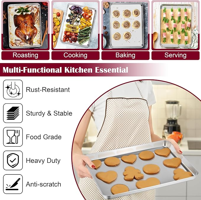 E-far Baking Sheet with Wire Rack, Stainless Steel 2 Pans + 2 Racks | 16 x 12 Inch Cookie Sheets Pan & Cooling Rack for Baking Cookies/Jelly Rolls, Non Toxic & Heavy Duty, Oven & Dishwasher Safe