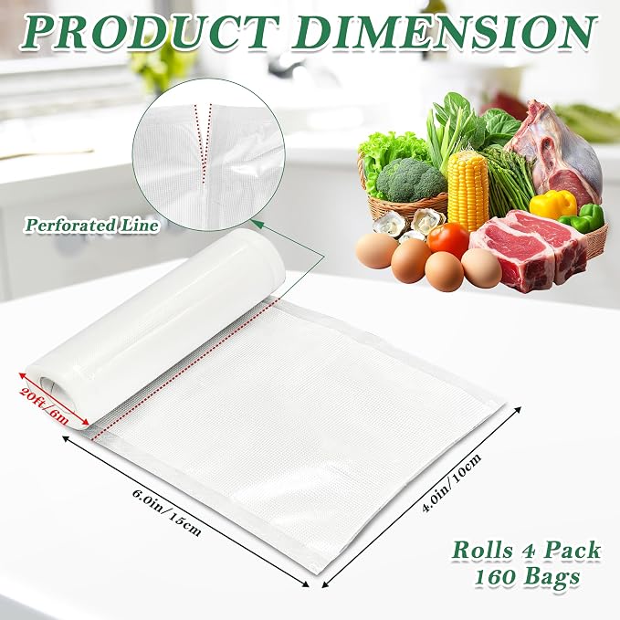 Pre-Cut Perforated Vacuum Sealer Bags Rolls,4x6 Inch Heavy-Duty Vacuum Sealer Roll Bags 4 Rolls 160 Tear Off Bags,Easy-Tear Food Grade Storage Bags for Sous Vide, Freezer & Meat (BPA Free)