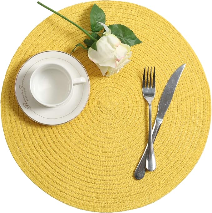 SHACOS Round Braided Placemats Set of 6 Kitchen Place Mats 15 inch Round Table Mats for Dining Tables Washable (Yellow, 6)