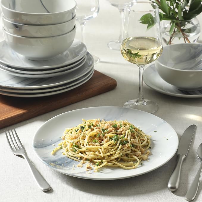 Gibson Home Cloudlight 12 Piece Plates and Bowls Dishes Blue and White - Decorated Porcelain Ceramic Dinnerware Set - Service for 4
