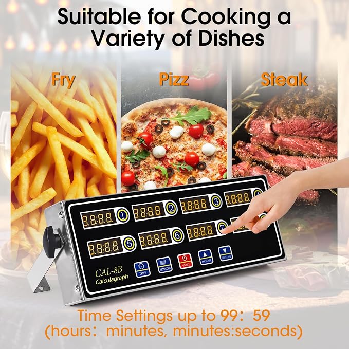8-Channel Kitchen Timers for Cooking, Commercial Digital Timer with Independent Countdown Timers, Adjustable Volume, Stainless Steel Cooking Timer for Food Fryer, Restaurants, Baking