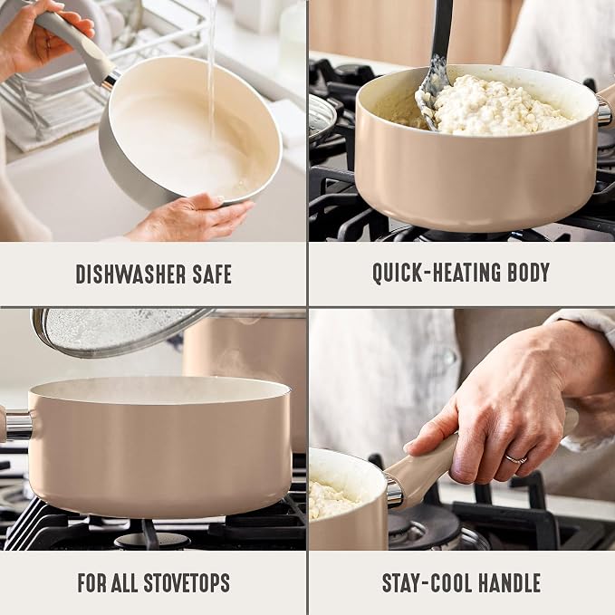 GreenLife 2QT Ceramic Nonstick Saucepan with Lid, Beige Taupe | PFAS-Free Ceramic Nonstick Coating, Soup Pot, Induction Ready, All Stovetop Compatible, Stay-Cool Handles, Dishwasher Safe