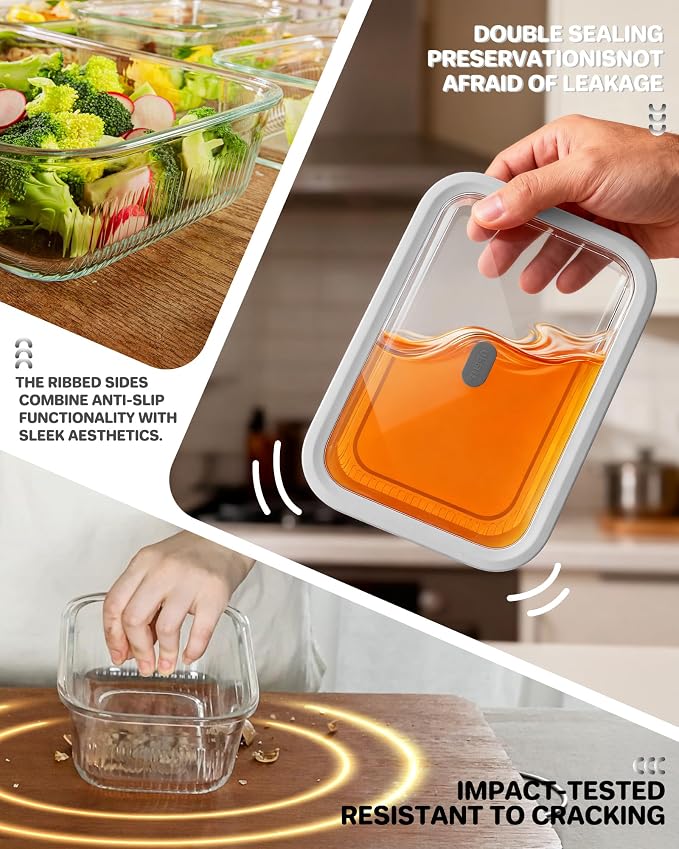 4-Pack Glass Food Storage Containers with Tempered Glass Lids, 2x 4.7 Cup & 2x 9.3 Cup, Airtight, Oven & Microwave Safe Borosilicate Glass (-4°F to 950°F)