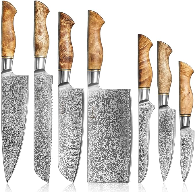 SENKEN 7-Piece Damascus Kitchen Knife Set - Dynasty Collection - 67-Layer Japanese VG10 Steel with Sycamore Wood Handles, Chef's Knife, Cleaver, Bread, Santoku, Boning, & More