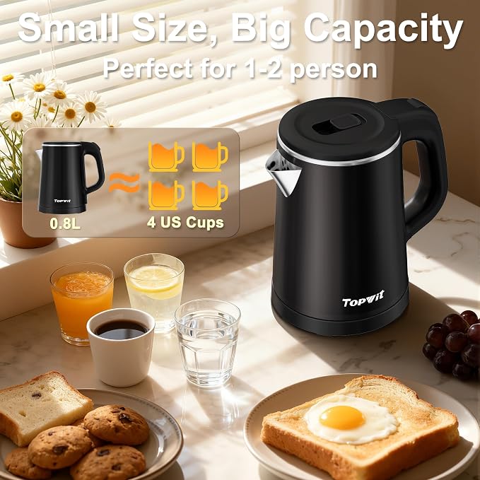 TOPWIT 0.8L Small Electric Kettle, Portable Travel Kettle, Stainless Steel | 800W Fast Boiling, Auto Shut-Off & Boil-Dry Protection, Tea Kettle for Home, Office, Business Trip, Hotel, Dorm