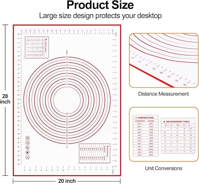 HOOMIL Silicone Baking Mat, 28 x 20 Inch Pastry Mat with Measurements | BPA-Free, Food-Contact Material, Nonstick Baking Mat with Non-Slip Counter Grip, Dishwasher Safe, Rolls for Storage