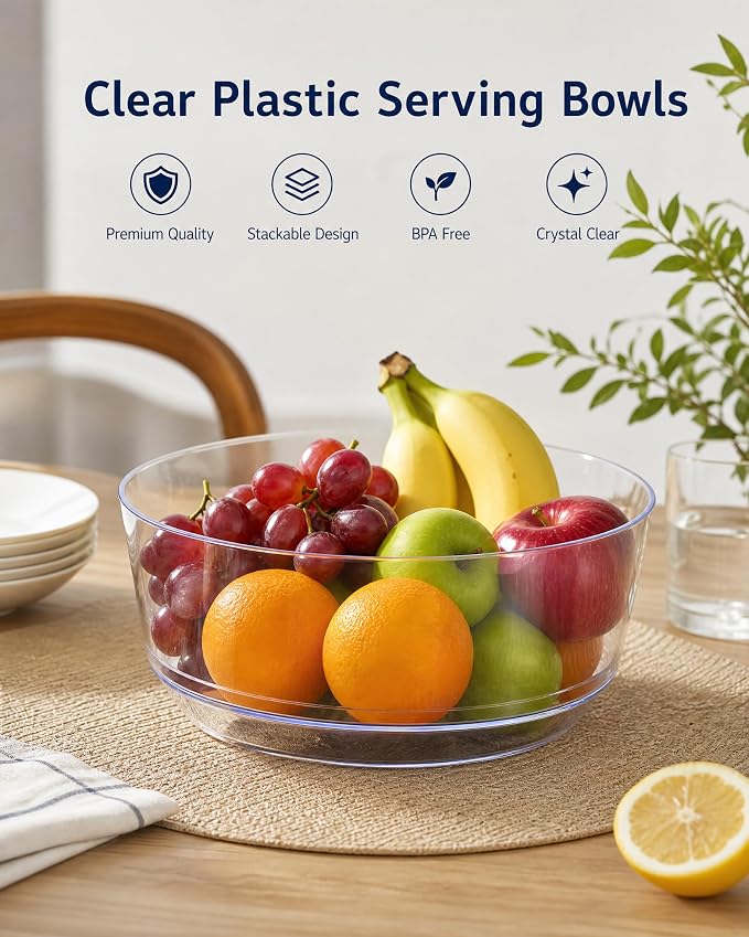 8 Pack Clear Serving Bowls for Buffet | 128oz Heavy Duty Disposable Plastic Bowls, Perfect for Party Snack, Salad, Candy & Bar Buffet