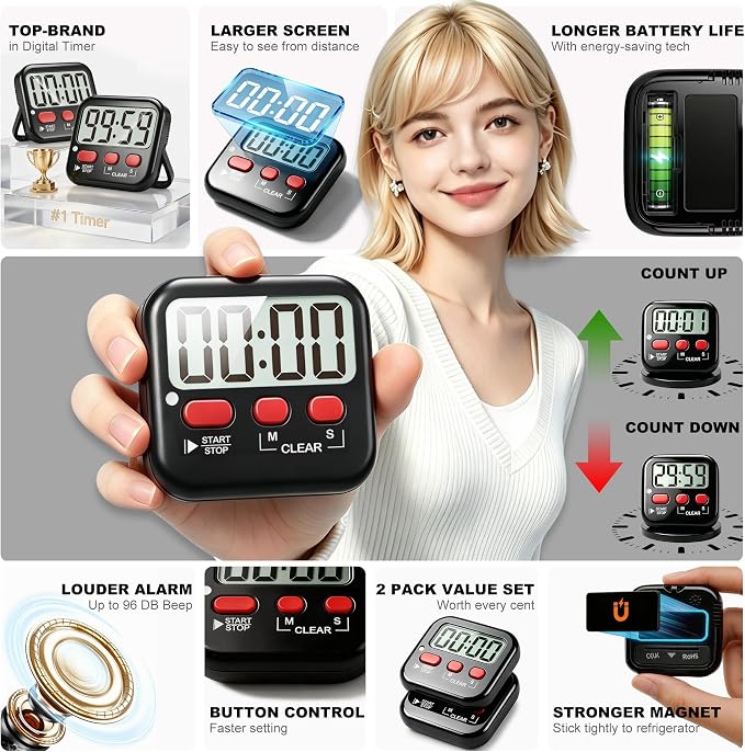 2 Pack Digital Timer for Kids Classroom Kitchen Timers for Cooking | w/ Battery, Easy to View, Alarm, Mute Mode, Count Down/Up, Magnetic, Kickstand, Hanging, Classroom Timer for Teacher Supplies