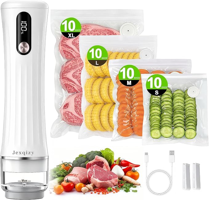 Vacuum Sealer for Food (Compact Vacuum Sealer Machine + 40 Reusable Vacuum Bags), Handheld Vacuum Food saver with LED Display for 10X Preservation, Powerful 80Kpa Portable Vacuum Sealer