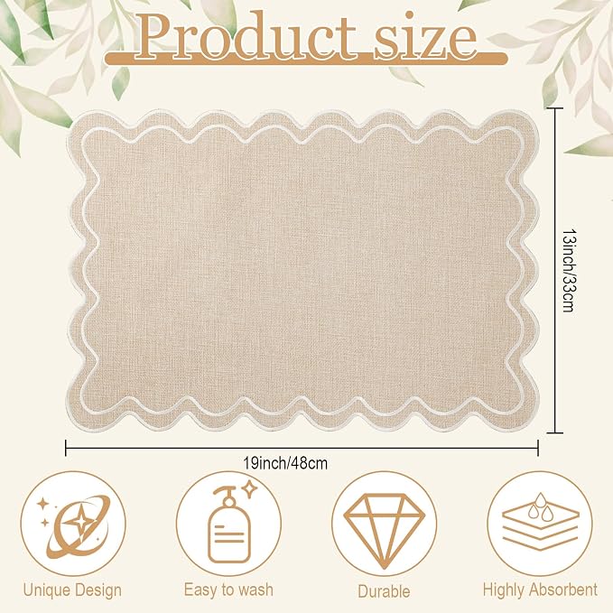 Linen Placemats Set of 12 Scalloped Placemat 13 X19 Wavy Embroidery Double Layered Washable Farmhouse Dinner Fabric Table Mat Napkin for Wedding Party Restaurant(Regular,Cream)
