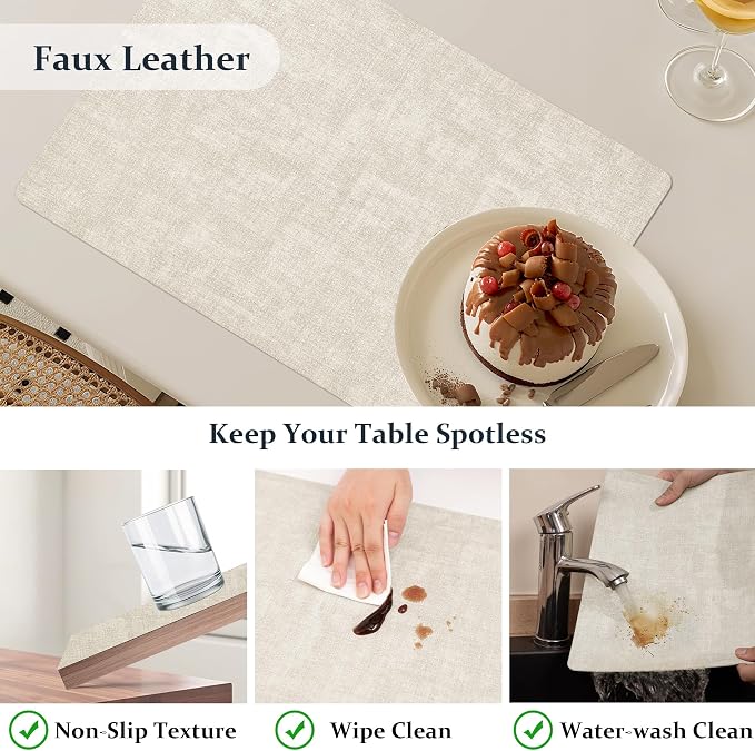 FROMHEART Faux Leather PU Placemats Set of 4 (Beige,11.8" x 17") | Waterproof,Heat/Oil Stain-Resistant Table Mat–Reversible,Non-Slip,Easy to Clean Place Mats for Kitchen,Dining,Indoor/Outdoor