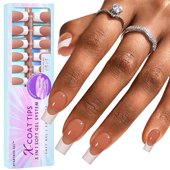 BTArtboxnails XCOATTIPS White French Tip Press On Nails, Long Square, Brown | Lamp-Curable 4-Week Wear, Salon Quality Value at Home, Natural Nail Look, Easy-to-Apply for Beginners, 150ct Nail Tips Only