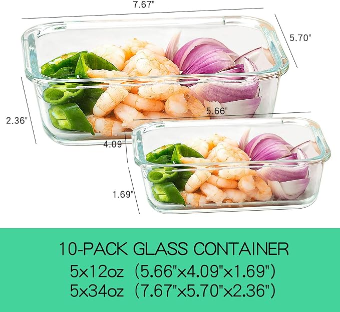 C CREST [10-Pack Glass Food Storage Containers (A Set of Five Colors), Meal Prep Containers with Lids for Kitchen, Home Use - Airtight Glass Lunch Boxes