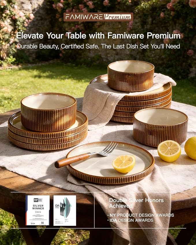 Dinnerware Set for 6, Ceramic Ribbed Plates, Bowls, Dishes | 18-Piece Stoneware Dinner Sets, Handmade Reactive Glaze, Microwave & Dishwasher Safe, Chip & Scratch Resistant, Cream Brown