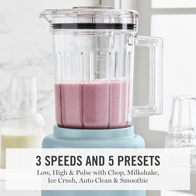 Martha Stewart 50oz Countertop Blender, 3 Speeds, 5 Presets, Sky Blue | BPA-Free Pitcher, Smoothies, Margaritas, Milkshakes & Ice Crushing, Stainless Steel Blades, Auto-Clean, Dishwasher-Safe Parts