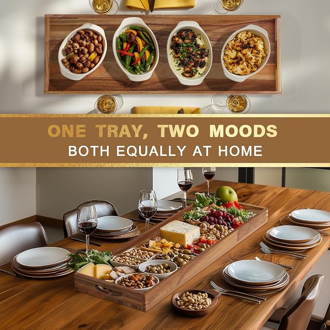 Extra Large Ottoman Tray, 36 x 12 inches Acacia Wood Serving Board | Wooden Serving Tray with Handles, Rectangular Coffee Table Tray, Charcuterie Platter for Meat, Cheese Board, Extra Long 3ft