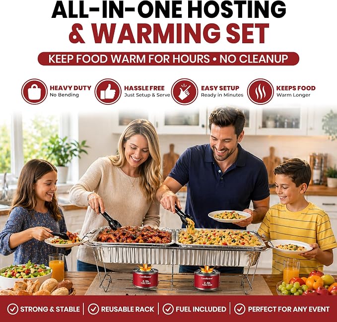 Disposable Chafing Dish Buffet Set, 33 Piece of Chafing Servers with Food Warmers, Covers, Full-Size Food Pans, Water Trays, Serving Utensils, Foil Lids and 2.5Hr Fuel Cans for Parties, Catering