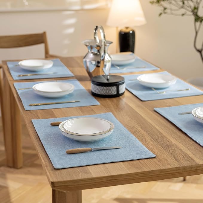 Demetex Blue Placemats Set of 6 Heat Resistant Farmhouse Burlap Placemats Washable Cloth Place Mat Dining Table Plate Mats for Kitchen Table Decor, Blue