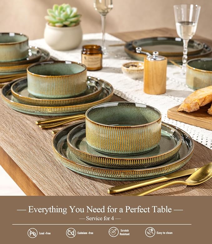 GBHOME Stoneware Dinnerware Sets for 4, 12-Piece Plates and Bowls Set | Handmade Reactive Glaze Ceramic Dish Set, Scratch Resistant, Dishwasher&Microwave Safe,Moss Green