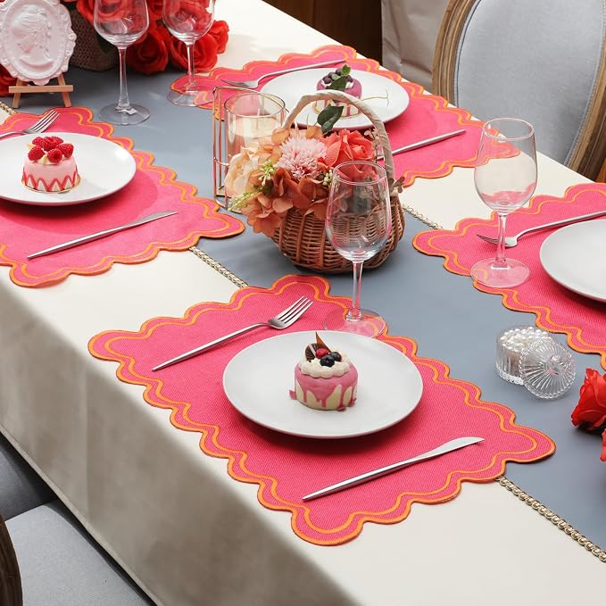 HunnmingRe Hot Pink with Orange Set of 6 Cotton Linen Wedding Placemats, 13x19 Inch Scalloped Wavy Embroidery Placemat Double Layered Washable Rustic Rectangle Dinner Table Mat for Home Decor