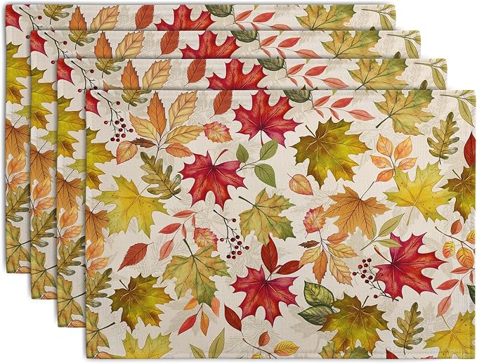 Fall Maple Leaves Placemats Set of 4 12x18 Inch Thanksgiving Autumn Colorful Leaf Dining Table Mats Rustic Seasonal Farmhouse Place Mats for Kitchen Party Home Decoration