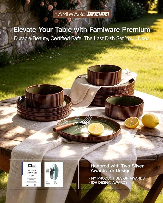Dinnerware Set for 6, Ceramic Ribbed Plates, Bowls, Dishes | 18-Piece Stoneware Dinner Sets, Handmade Reactive Glaze, Microwave & Dishwasher Safe, Chip & Scratch Resistant, Green & Brown