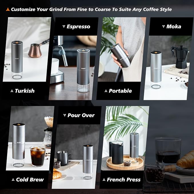 Portable Electric Coffee Grinder, Rechargeable Handheld Grinder with Stainless Steel Conical Burr, Adjustable Grind Settings, for Espresso, Moka, Pour Over, French Press, Cold Brew, Obsidian