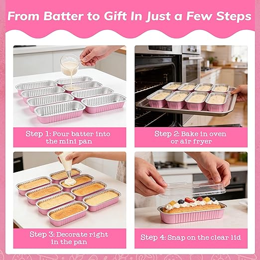 NPLUX Mini Loaf Pans with Lids, 50 Pack Pink 6.8oz for Party Favors | Fits tartlets, pudding desserts, loaf slices and sweet samples; single-base workflow helps limit dish handling.