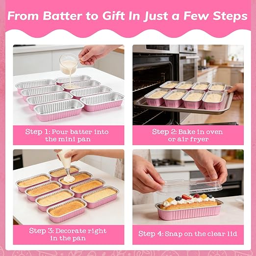 NPLUX Mini Cake Pans with Lids, 100 Pack Pink 6.8oz for Dessert Service | Works for crumble cups, panna cotta, custard and snack servings; single-base workflow helps limit dish handling.