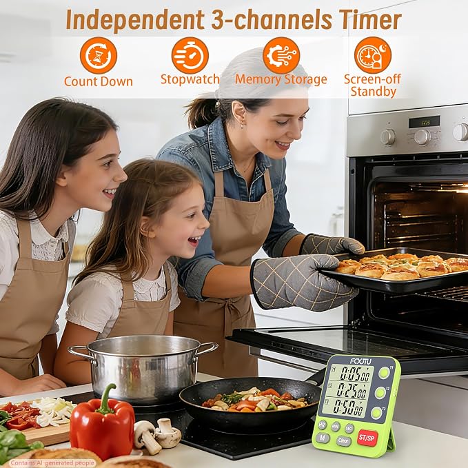 Digital Dual Kitchen Timer, Multi-Channel Magnetic Countdown for Cooking | 3Groups Triple Independent Countup Timer, Memory Presets, Loud Alarm & Mute, Large Display, 3A Battery & Stand Included