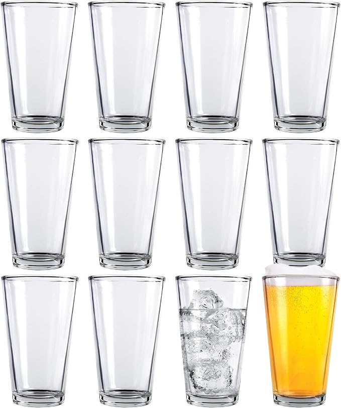 Kitchen Lux Pint Beer Glasses Set of 12 (16oz) Tall Clear Drinking Glasses | All Purpose Tumbler – Heavy Base for Ale, Cocktail, Water, Juice – Pub Style Design For Home Dining, Bars, and Parties