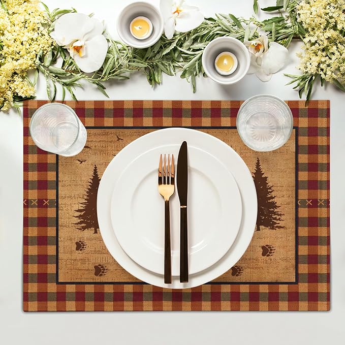 Rustic Bear Forest Pine Tree Placemats Set of 4, Wildlife Paw Print Buffalo Plaid Table Place Mats 18 x12 Inch Heat Resisting Non-Slip Table Mats for Party Holiday Kitchen Farm Indoor Decor