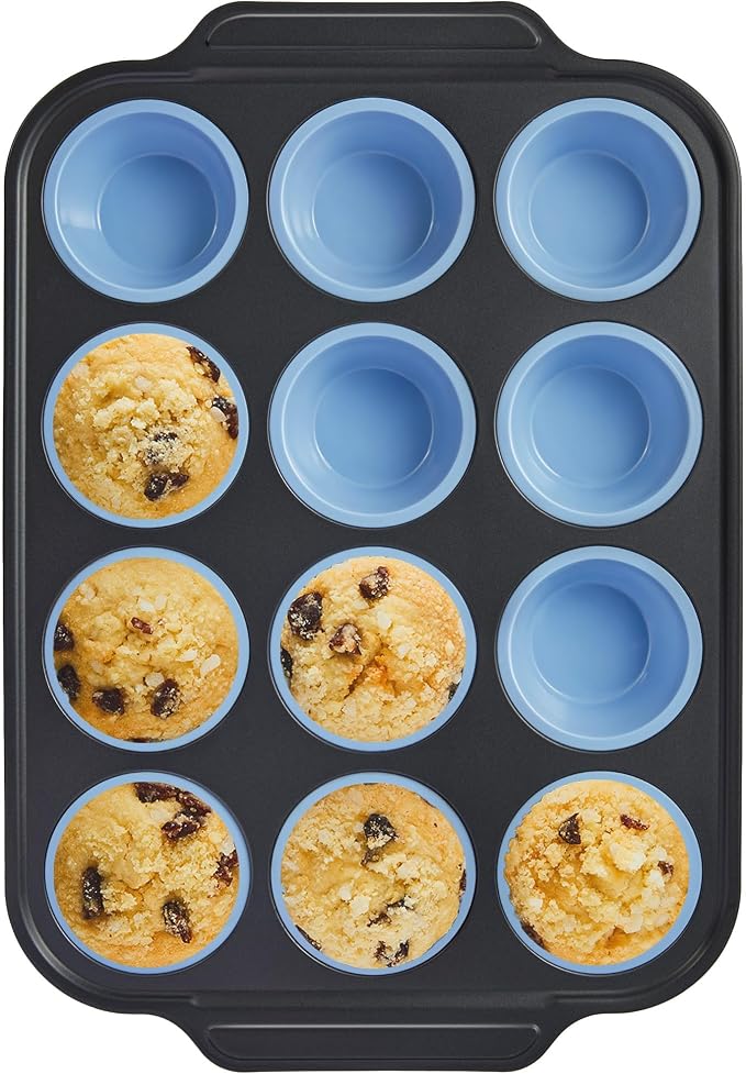BRONYPRO Silicone Muffin Pans for Baking with Metal Frame, Egg Bite Molds, Cupcake Pans 12 Regular Size, Muffin Tins Easy to Pop Nonstick Non Toxic Bakeware for Oven,Blue