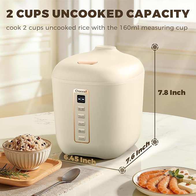 CHACEEF 1.2L Small Rice Cooker, 2 Cups Uncooked Portable Mini Rice Cooker | Smart Control, Non-Stick Pot, 24H Timer & Keep Warm, Multifunction for Soup, Oatmeal & Grain, Ideal for Dorm, Office & Travel