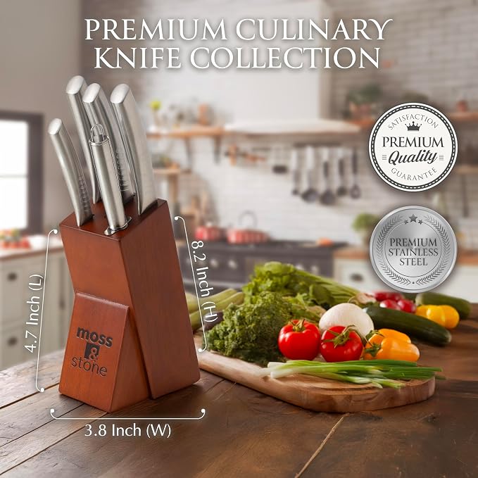 Moss & Stone Small 6 Pcs Kitchen Knife Set with Block, Stainless Steel | Professional chef knife set with sharp cooking knives, premium scratch-resistant and rust-proof design, ergonomic handle