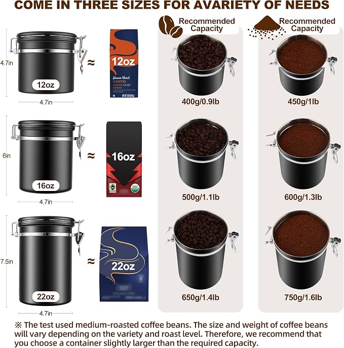ShanSon Coffee Canister Airtight, Stainless Steel Bean Storage Container with Date Tracker & Scoop, Grounds Sugar Flour Tea Cereal Fits Kitchen Pantry, Ideal Gift for Coffee Lovers,12oz, Black