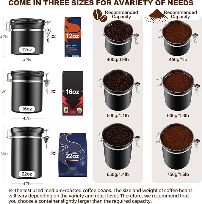 ShanSon Coffee Canister Airtight, Stainless Steel Bean Storage Container with Date Tracker & Scoop, Grounds Sugar Flour Tea Cereal Fits Kitchen Pantry, Ideal Gift for Coffee Lovers,22oz, Black