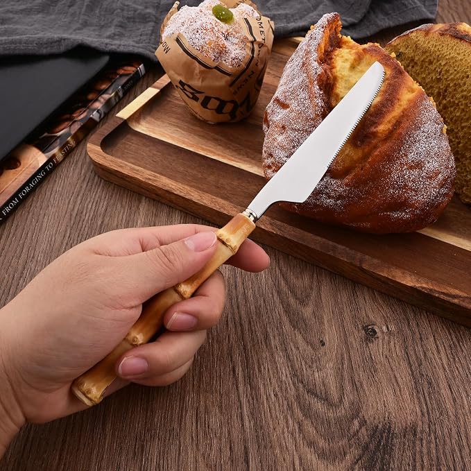 40PCS Silverware Set for 10, Bamboo Handle Flatware Set, Stainless Steel Cutlery Set for Home Restaurant and Party, Bamboo Forks Spoons and Knives Set, Polished Tableware