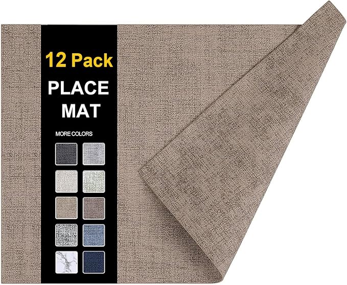 Faux Leather Heat Resistant Placemats 12 Packs, Waterproof Wipeable Dining PU Place Mats for Indoor & Outdoor, Easy to Clean, Camel