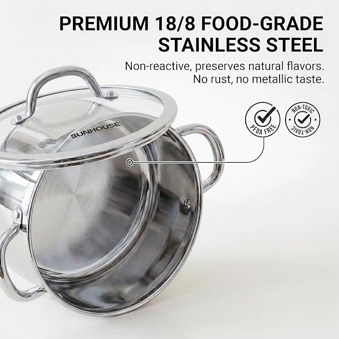 SUNHOUSE Whole-Clad 12 Quart Stainless Steel Stock Pot with Lid | Premium Whole-Body Clad Sweet-Spot Pot for Large Hot Pot, Big-Batch Broth & Crawfish Boil - Induction Compatible, Oven Safe