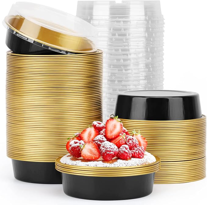 Beasea Aluminum Cupcake Pans With Lids, 4 Inch 100 Pack Disposable Pie Pans For Cake, 8 Oz Aluminum Pie Pan Tin Black Golden Tart Pans Round Oven Baking Mini Cake Pan For Pie Tart Quiche