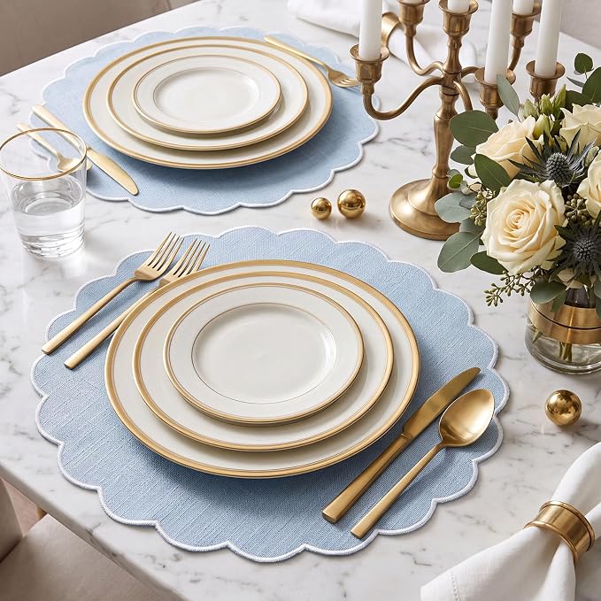 Set of 12 Gray Blue Cotton Placemats 15" Round Scalloped White | Double Layered Cotton Fabric, Washable Embroidery, White Edge Edge, Rustic Table Mats for Wedding Dining Table Decor