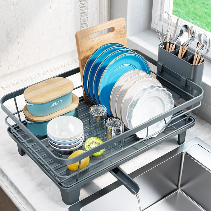 Urakify Dish Drying Rack for Kitchen Counter, 16.5" L x 12.2" W, Blue | Large Dish Drainer with Cutlery Holder, Sink Dish Rack with Drainboard for plate dish silverware, Space Saving