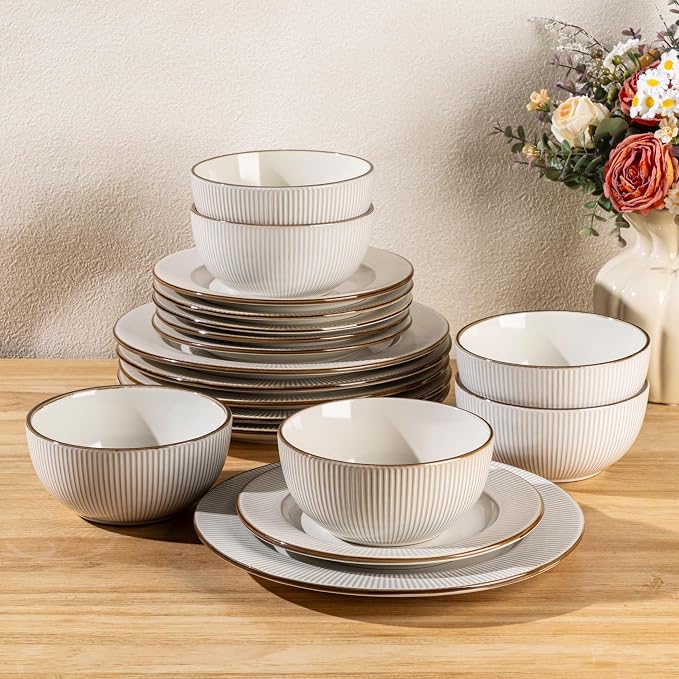 GBHOME Ceramic Dinnerware Sets of 6,18 pcs Plates and Bowls Sets Dishes | Embossed Elegant Stoneware Dishes Set | Dishwasher & Microwave Safe | Service for 4