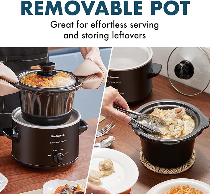 Elite Gourmet MST-250XBX Electric Ceramic Slow Cooker, 1.5 Qt, Black | Adjustable Temp, Dishwasher-Safe - Great for Entrees, Sauces, Soups, Roasts, Stews & Dips