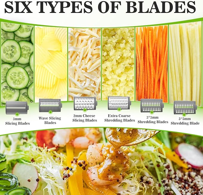Electric Rotary Automatic Cheese Grater Slicer 6 Stainless Steel Blades | One-Touch Control Shred Cheese Slice Veggies & Grind Nuts, Practical Kitchen Cooking Gadget - White